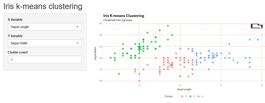 Screenshot of a simple branded Shiny app K-means clustering visualization